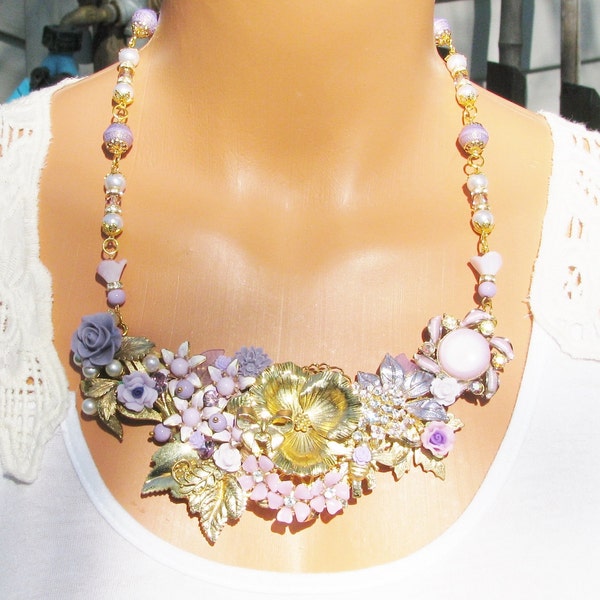 Jewelry Collage Necklace, Purple and Gold, Matching Earrings