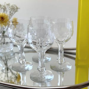 Set of 4 Art Deco Hollow Stem Cordial Glasses | Vintage Etched Floral Stemware | 1920s-1930s Liqueur Glasses | Prohibition Era Barware