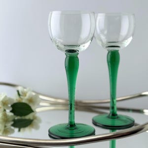 Vintage Hand Blown Wine Glasses Set of 2 | Clear Bowl Green Stem | 8&quot; Tall Elegant Stemware | Retro Cocktail Glasses Barware