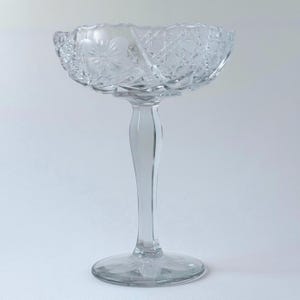 Vintage Art Deco Cut Glass Compote | Tall Etched Serving Bowl | Brilliant Geometric and Floral Design