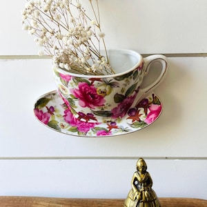 Antique Reflections Teacup Wall Pocket | Floral Rose Chintz Porcelain Wall Hanging | Cottage Core Decor | Victorian Style Flower Holder