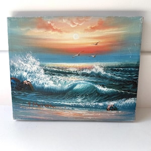 Original Coastal Seascape Oil On Canvas Painting | Artist Signed Ocean Wave Canvas | Sunset Beach Small Wall Decor