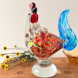 Murano Style Glass Rooster Figurine | Vintage Italian Art Glass Sculpture | Handblown Colorful Speckled Glass Chicken | MCM Collectible