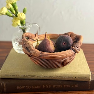 May include: A brown, woven basket filled with ripe figs, resting on a stack of vintage books. A small glass vase with yellow flowers sits to the left. The books have titles like "Telepathy and Medical Psychology."