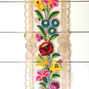 Vintage Hungarian Richelieu Lace Panel | Hand-Embroidered Kalocsa Folk Art Runner |Boho Wall Decor | 35.5in by 8in