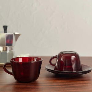Anchor Hocking Royal Ruby Red Cups & Saucers Set of 2 | 1950s-60s Vintage Glassware | Mid-Century Modern Tea/Coffee Set