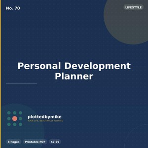 以下が含まれることがあります： Personal Development Planner No. 70と題されたダークブルーのデジタルドキュメント。グラフィックには、plottedbymike, your life, beautifully plotted, 8 Pages, Printable PDF, $7.99というテキストが含まれています。グリッドパターンと円形のアクセントが特徴です。
