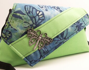 Handmade cotton shoulder bag, handbag. Green, blue, white. Summer Daze Artisan Bag by Lella Rae on Etsy