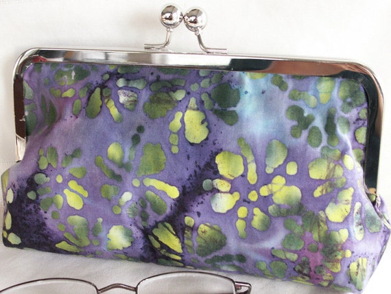 Handmade Indonesian batik cotton clutch handbag. Purple, green, blue, yellow. FESTIVAL by Lella Rae
