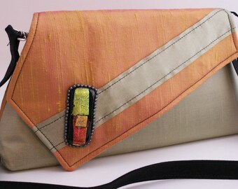 Handmade silk, glass embellished shoulder bag, handbag. Orange, green, black. Melon and Mango Artisan Bag by Lella Rae on Etsy