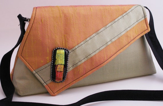 Handmade silk, glass embellished shoulder bag, handbag. Orange, green, black. Melon and Mango Artisan Bag by Lella Rae