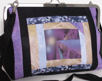 Handmade, cotton, patchwork, shoulder bag, handbag. Blue, purple, gold, black. Art Celebrity Bag by Lella Rae on Etsy