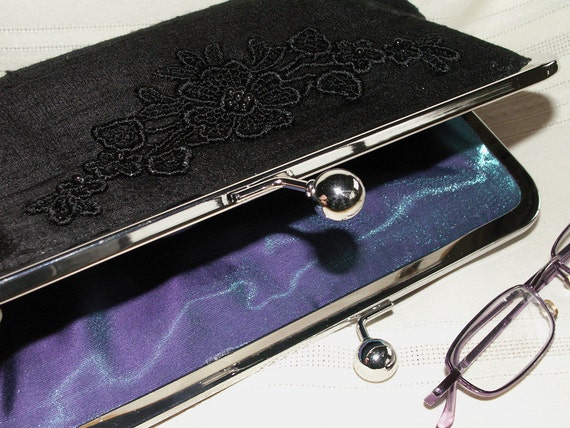 Handmade silk, lace, pearl clutch handbag. Black. Love in the Night by Lella Rae