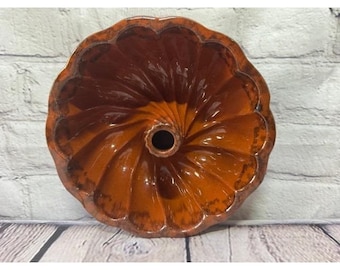Vintage Brown Drip Glaze Pottery Bundt Cake Pan Mold 7" Fluted Bakeware Orange