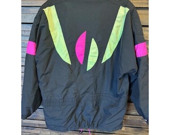 Chaqueta de esquí retro VTG con diseño de cornisa en color negro, rosa y verde neón para mujer, talla mediana