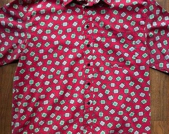 Camisa vintage de manga corta con botones y estampado geométrico integral (talla grande)