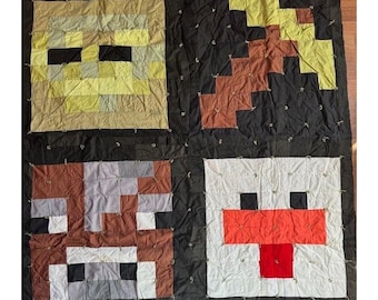 Edredón anudado personalizado de Minecraft, con diseño de pollo, zombi, vaca y pico, de 152 x 167 cm, hecho a mano.