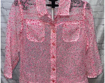 Chaqueta camisera rosa transparente con estampado floral, estilo hada, capricho, gótico, cottagecore, talla L, para mujer.