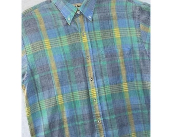 VTG 90s LL Bean Shirt Homme Coton Vert Bleu À Carreaux Boutonné Pastel Preppy