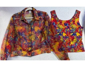 Cest Duo 2 piezas Camisa/Chaqueta transparente con estampado de loro artístico, isla tropical, playa LRG