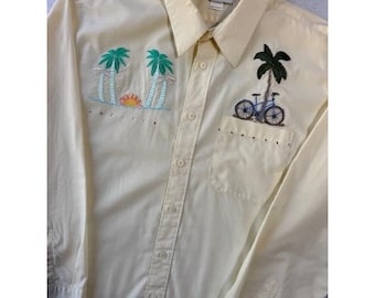 Camisa vintage de manga larga con botones, bordada con pedrería amarilla y palmera de playa amarilla, talla XL, estilo Grandmacore