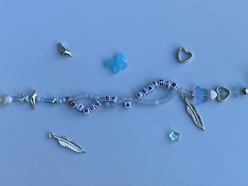 Pu&ograve; includere: Un braccialetto di perline azzurre con la scritta "BIRDS OF A FEATHER". Il braccialetto presenta vari ciondoli, tra cui una piuma d'argento, un uccello, un cuore e una farfalla blu. Le perline sono azzurre e bianche.