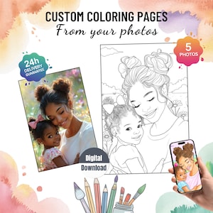 5 Custom Coloring Pages, Personalized Photo to Coloring Page, Digital Download, Printable Coloring, Gift For Kids, Wedding Coloring book