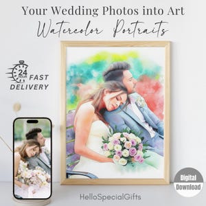 Watercolor Wedding Portrait from Photos| Custom Couple Portrait | Custom Anniversary Gift, Romantic Wall Decor Personalized Wedding Keepsake