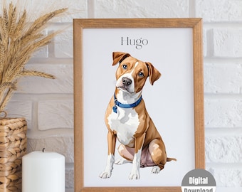Puede incluir: Descarga digital de un retrato de mascota personalizado con un perro marrón y blanco con ojos azules. El perro está sentado y mirando hacia la izquierda. El nombre del perro, "Hugo", está escrito encima del perro en texto negro.