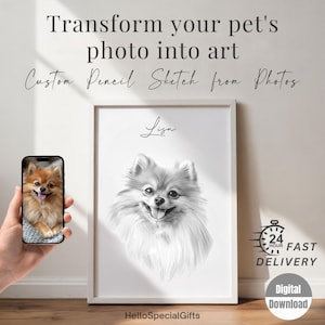 May include: A digital download of a custom pencil sketch of a dog named "Liza" with a white background. The image shows a before and after comparison of the original photo and the finished sketch. The text "24 Hour Fast Delivery" is also included in the image.