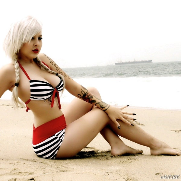 Swimwear Swimsuit Bathing Suit One Piece Swimsuits Beachwear retro and more SALE// Mis Sailor girl high waisted swimsuit handmade order