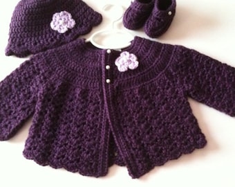 Crochet Plum Baby Sweater Hat Booties Set  3 to 6 months