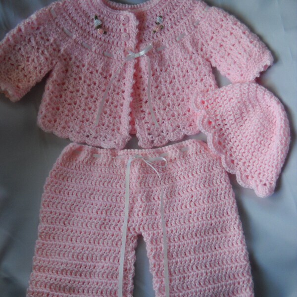 Baby Girl Sweater Pants Hat Set Pink Crochet