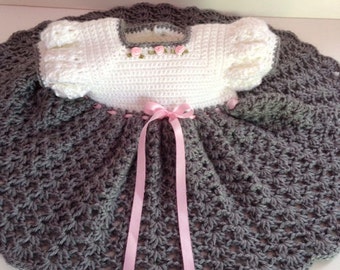 Crochet baby dress, Grey and White baby dress 3-6 months