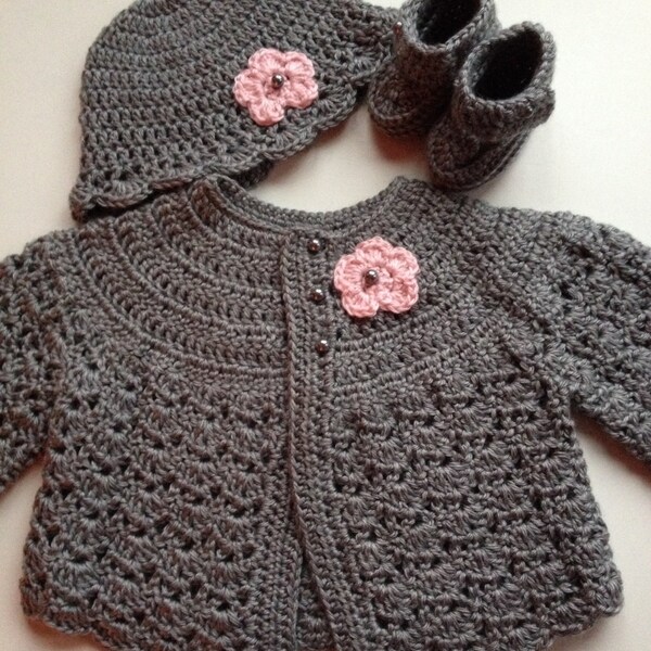 Crochet Baby suéter sombrero botines Set Heather Grey 3-6 mo