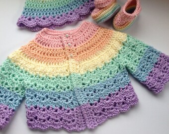 Crochet Baby Sweater Hat Booties Set Rainbow 3-6 months