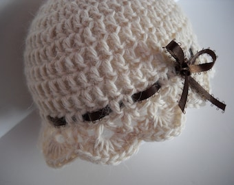 Crochet Cream Alpaca Wool Baby Hat