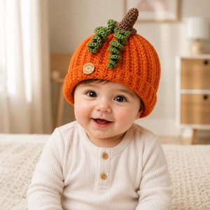 May include: A bright orange ribbed crochet beanie shaped like a pumpkin, featuring a brown stem and curly green leaves on top. A small round wooden button is attached to the front cuff, clearly displaying the text Handmade with love.