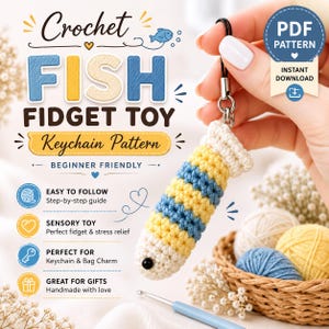 May include: A crochet fish fidget toy keychain pattern featuring text that reads Crochet Fish Fidget Toy Keychain Pattern, Beginner Friendly, Easy to Follow, Sensory Toy, Perfect for Keychain & Bag Charm, Great for Gifts, and PDF Pattern Instant Download.
