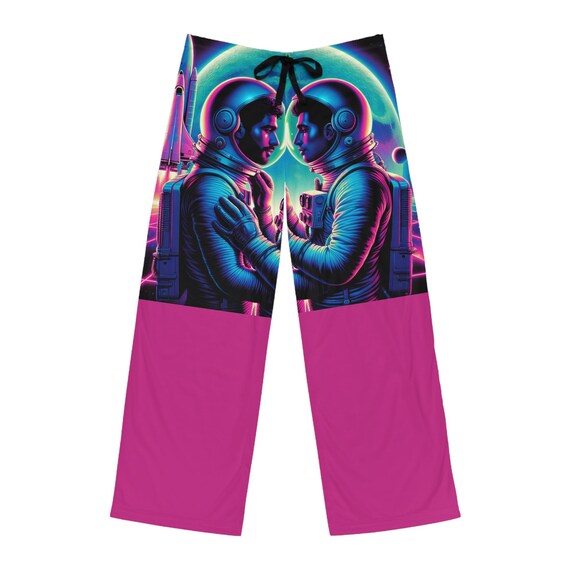 Cosmic Love Men's Pajama Pants in Pink, Space-Themed Lounge Wear, Astronaut Graphic PJs, Gift for Space Lovers, Relaxation & Sleepwear