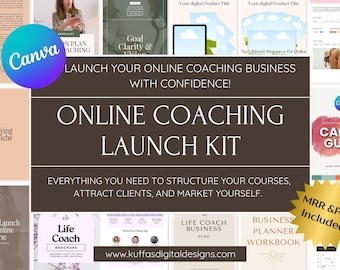 Könnte beinhalten: Werbebild für ein Online-Coaching-Launch-Kit. Das Bild zeigt den Text "Online Coaching Launch Kit" und "Launch Your Online Coaching Business With Confidence!" zusammen mit Canva-Branding und verschiedenen digitalen Produkt-Mockups.