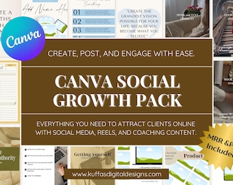 May include: A Canva Social Growth Pack graphic with the Canva logo, a to-do list, and other social media templates. The text includes "Create, Post, and Engage with Ease" and "Everything you need to attract clients online."