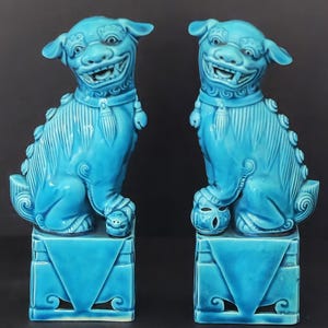 Vintage Chinese Foo Dogs Pair Turquoise Ceramic Guardian Lions PRC