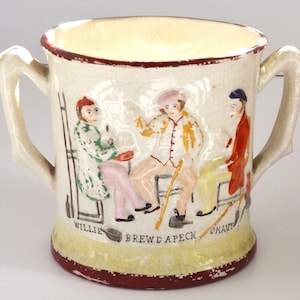 Antique Staffordshire Frog Mug, Victorian Two Pint Pottery Drinking Cup, Robert Burns