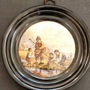 Antique Prattware The Shrimpers Pot Lid Victorian Framed Ceramic Plaque English Pottery