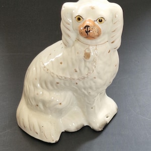 Antique Victorian Staffordshire Spaniel Dog Figure Pottery Mantel Ornament White Ceramic Dog Statue 19th Century