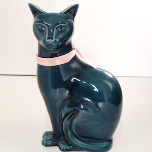 Vintage Poole Pottery Large Seated Cat Figurine in Blue Dolphin Glaze 29.5cm