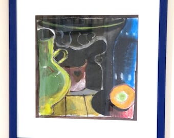 Original Abstract Still Life Painting Mixed Media on Paper Framed Signed JUDE Colourful Modern Wall Art 47cm Square Artwork