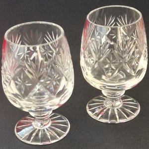Vintage Cut Crystal Brandy Glasses Pair Star Cut Foot Knop Stem Small Balloon Glasses Barware