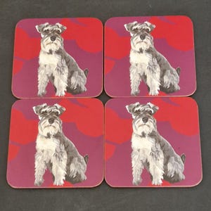 Schnauzer Dog Coasters Set of 4, Leslie Gerry Cork Backed Drinks Mats, Colourful Dog Design